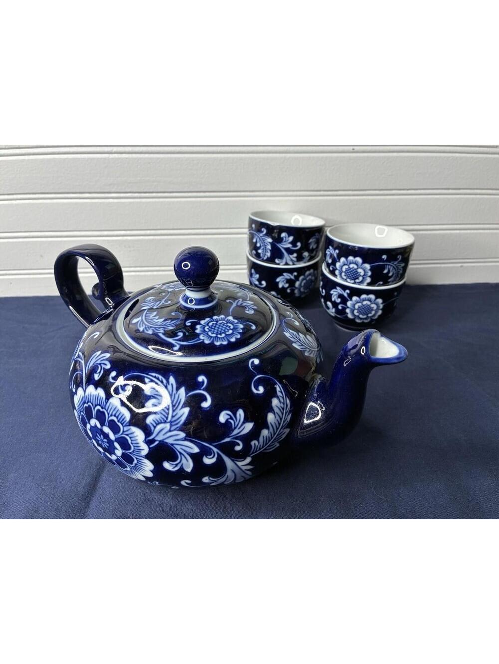 Pier 1 One - Blue & White / Mandarin Porcelain Teapot & 4 Cups